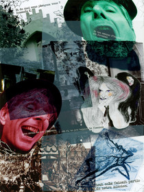 KAFKA. LE CHATIMENT D'AMALIA 9Description :Et de quoi vous plaignez-vous ? Demanda, K.De ton manque d’humour ! Dit Jérémias.Nous avons un peu plaisanté, un peu ri, un peu taquiné ta fiancée.Tout cela faisait partie de notre mission.Image en hauteur au format 30 x 40 cm.Photo montages numériques, dessin, impression par jet d’encres aux pigments, sur des transparents superposés.