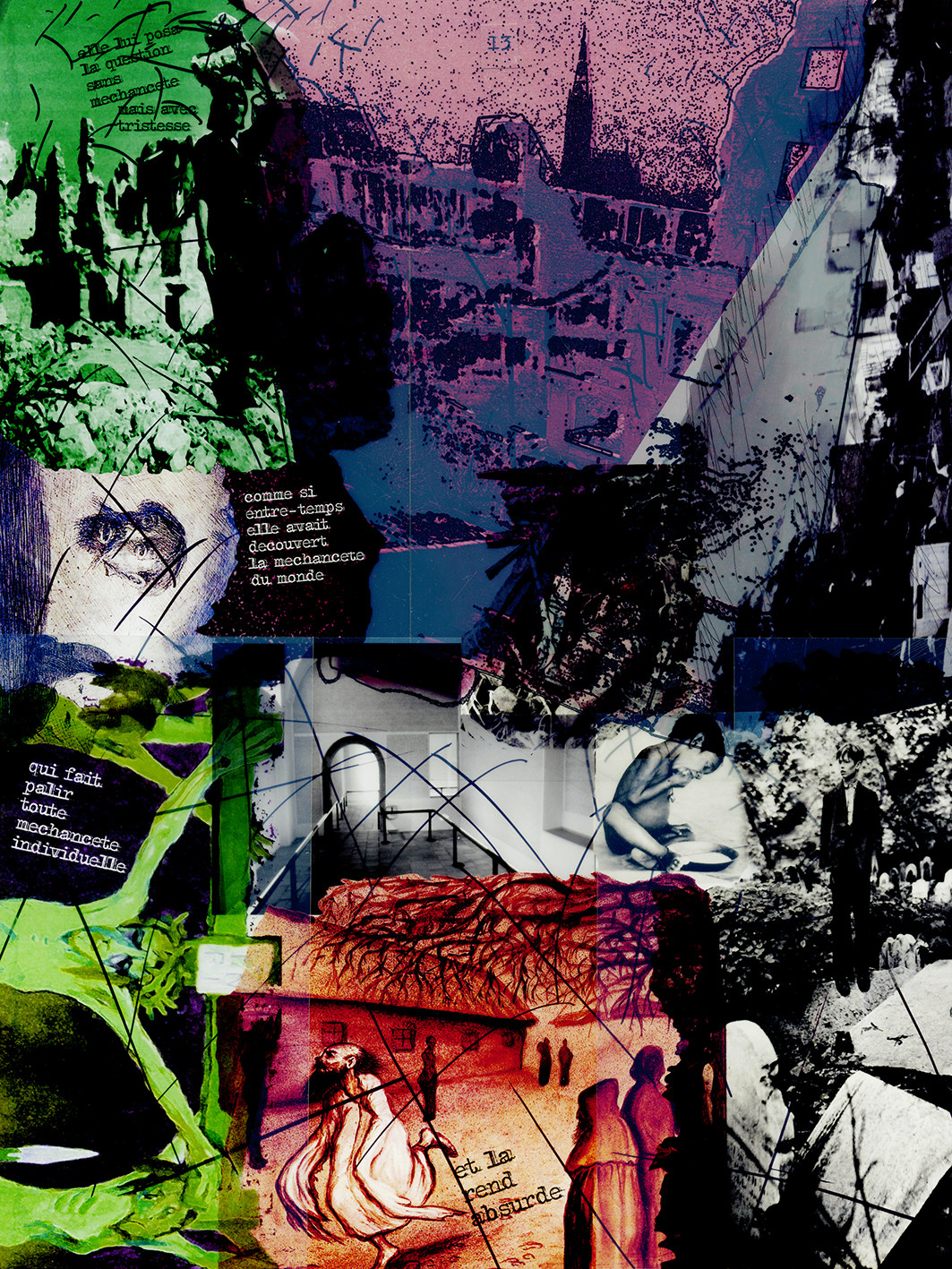 KAFKA. LE CHATIMENT D'AMALIA 13Description :Elle lui posa la question sans méchanceté, mais avec tristesse, comme si entre-temps, elle avait découvert la méchanceté du monde, qui fait pâlir toute méchanceté individuelle, et la rend absurde.Image en hauteur au format 30 x 40 cm.Photo montages numériques, dessin, impression par jet d’encres aux pigments, sur des transparents superposés.