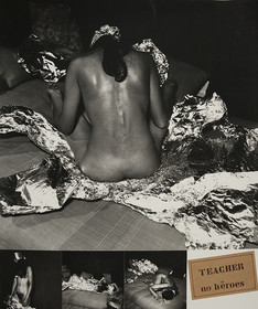 NO HEROES   9       7 – 11 - 81L'idée m'est venue après coup en voyant l'aluminium. L'idée du début, c'était de m'habiller avec du métal, sur un fond noir sans rien derrière . J'ai utilisé le fond en passant derrière ou devant les bandes d'alu. J'avais imaginé un travail très symétrique, très organisé, pour obtenir des images ouvertes, avec de grandes directions. Le héros, je ne l'imagine pas. C'est pas un truc à imaginer. Le héros, c'est une façon d'être qu'a chacun. C'est à l'intérieur que ça se passe.