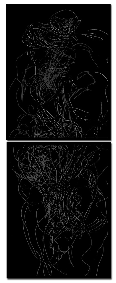 CL  HE DOUBLE DOSDESSIN EN AVEUGLE, les yeux bandés, par touché du corps. Dessins repris scannés et travaillés sur palette graphique. Chaque image, au format 30 x 40, est imprimée par jet d'encres aux pigments.Les initiales désignent en premier celui qui dessine, en second, celui qui est dessiné80 X 30   octobre 2010
