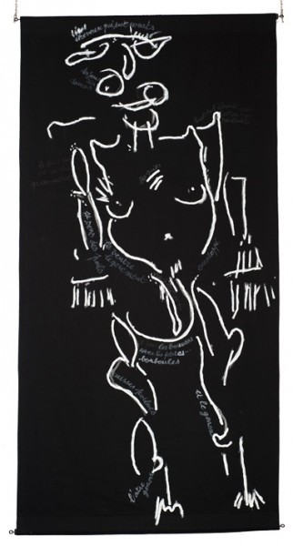 toile tissu noir - dessins de Mado numérisés et agrandis par vidéo projectionDessin à la peinture acrylique blanche, directement au tube, pour créer unrelief, perceptible par les non voyants.200 x 100     2009-2010NDM - CL -FACE