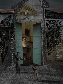 DEVANT LA LOI 4image en hauteur, au format 30 x 40 cm   existe aussi au format 60 x 80Photo montages numériques, dessin, blue screen, impression jet d’encres aux pigments.