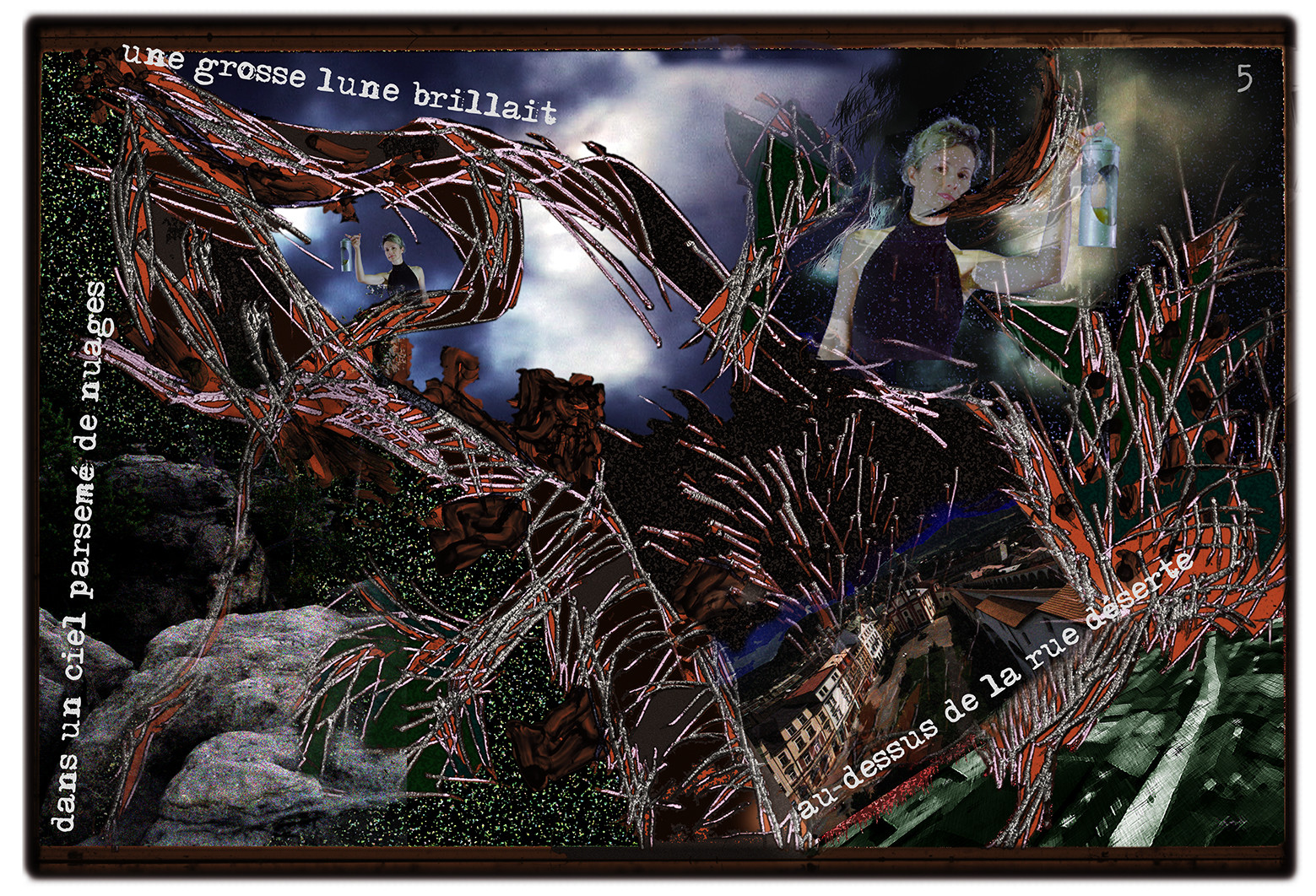 KAFKA. VERS MINUIT 5Dans un ciel parsemé de nuages, une grosse lune brillait, au dessus de la rue déserte.image en largeur, au format 30 x 40 cmPhoto montages numériques sur palette graphique, dessin, blue screen, impression jet d’encres aux pigments.