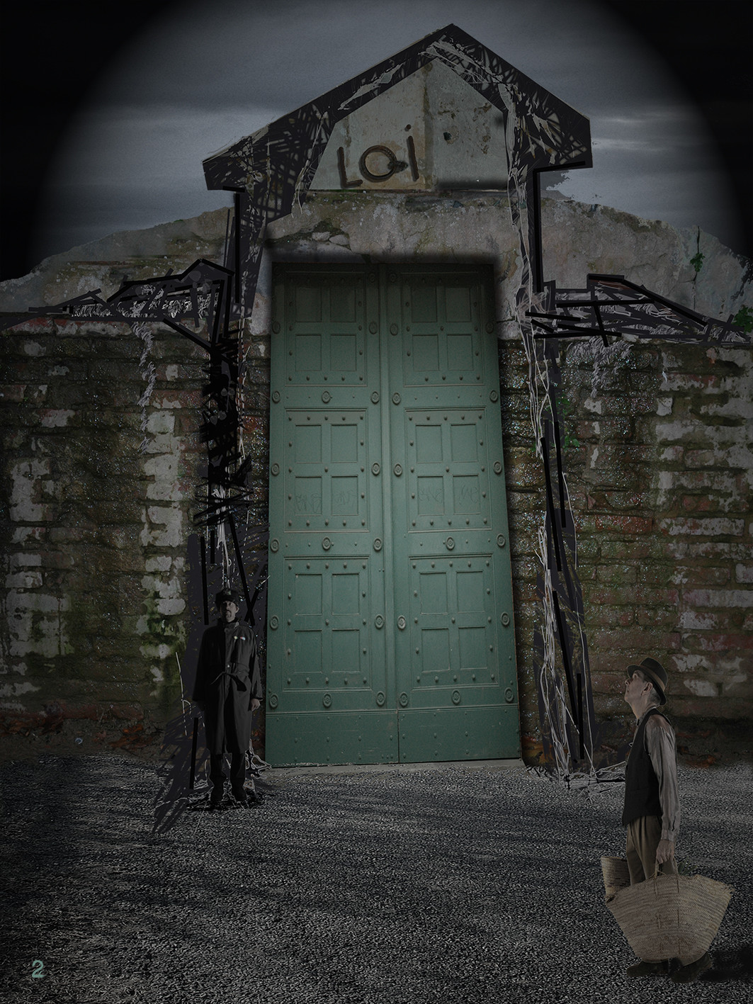 DEVANT LA LOI 2image en hauteur, au format 30 x 40 cm   existe aussi au format 60 x 80Photo montages numériques, dessin, blue screen, impression jet d’encres aux pigments.