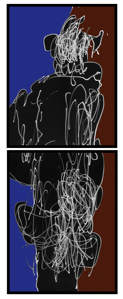 OL  CL  1DESSIN EN AVEUGLE, les yeux bandés, par touché du corps. Dessins repris scannés et travaillés sur palette graphique. Chaque image, au format 30 x 40, est imprimée par jet d'encres aux pigments.Les initiales désignent en premier celui qui dessine, en second, celui qui est dessiné80 X 30   octobre 2010