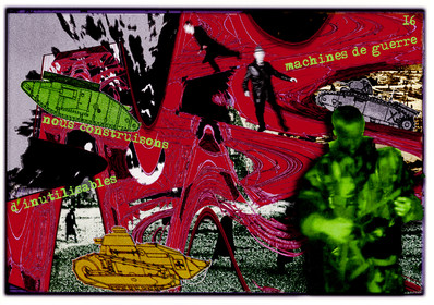 KAFKA. VERS MINUIT 16Nous construisons d’inutilisables machines de guerre.image en largeur, au format 30 x 40 cmPhoto montages numériques sur palette graphique, dessin, blue screen, impression jet d’encres aux pigments.