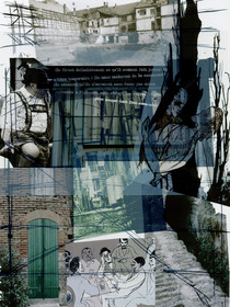 KAFKA. LE CHATIMENT D'AMALIA 4Description :Ils firent définitivement ce qu’ils avaient fait jusque-là à titre temporaire : Ils nous exclurent de la communauté.Ils savaient qu’ils n’auraient sans doute pas mieux résisté à l’épreuve, mais c’était une raison de plus pour couper tout lien avec nous.Image en hauteur au format 30 x 40 cm.Photo montages numériques, dessin, impression par jet d’encres aux pigments, sur des transparents superposés.