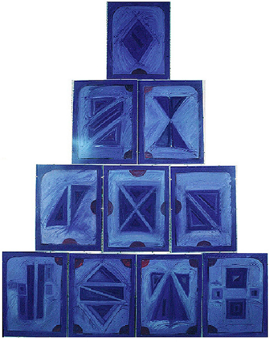 Légende :	PYRAMIDE 5-Melozzo Da Forli-3-83Description :série des PYRAMIDES - 260 x 200 ( 10 feuilles 50 x 65 )craies, pastels, pochoirs