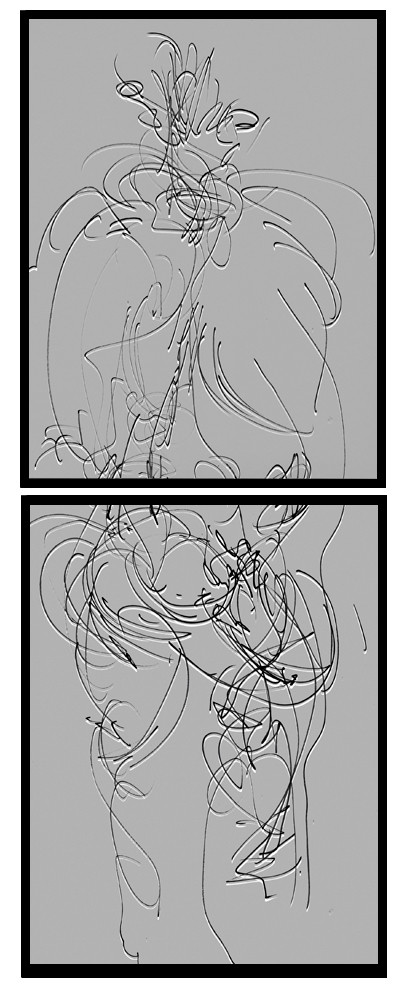 CL  MA 1DESSIN EN AVEUGLE, les yeux bandés, par touché du corps. Dessins repris scannés et travaillés sur palette graphique. Chaque image, au format 30 x 40, est imprimée par jet d'encres aux pigments.Les initiales désignent en premier celui qui dessine, en second, celui qui est dessiné80 X 30   octobre 2010