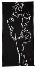 toile tissu noir - dessins de Mado numérisés et agrandis par vidéo projectionDessin à la peinture acrylique blanche, directement au tube, pour créer unrelief, perceptible par les non voyants.200 x 100     2009-2010NDM - DE - PROFIL