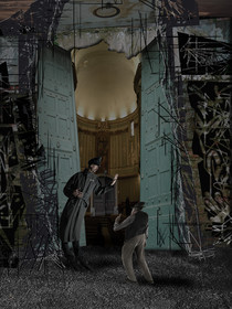 DEVANT LA LOI 5image en hauteur, au format 30 x 40 cm   existe aussi au format 60 x 80Photo montages numériques, dessin, blue screen, impression jet d’encres aux pigments.