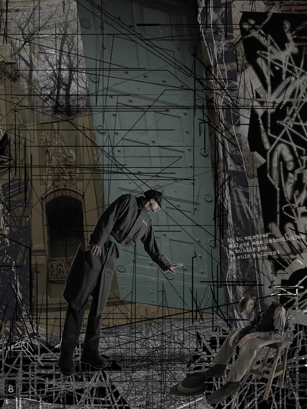 DEVANT LA LOI 8image en hauteur, au format 30 x 40 cm   existe aussi au format 60 x 80Photo montages numériques, dessin, blue screen, impression jet d’encres aux pigments.